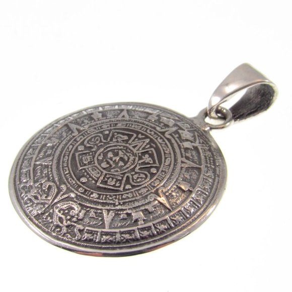 Solid 925 Sterling Silver Aztec Sun Stone / Mayan Calendar Pendant - Picture 7 of 8